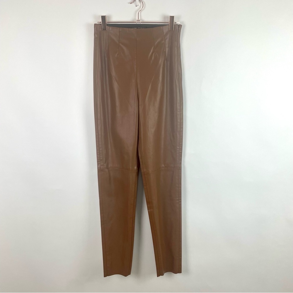 Zara Faux Leather Pants High Waist Brown Flat Front‎ Side Zipper Size Small